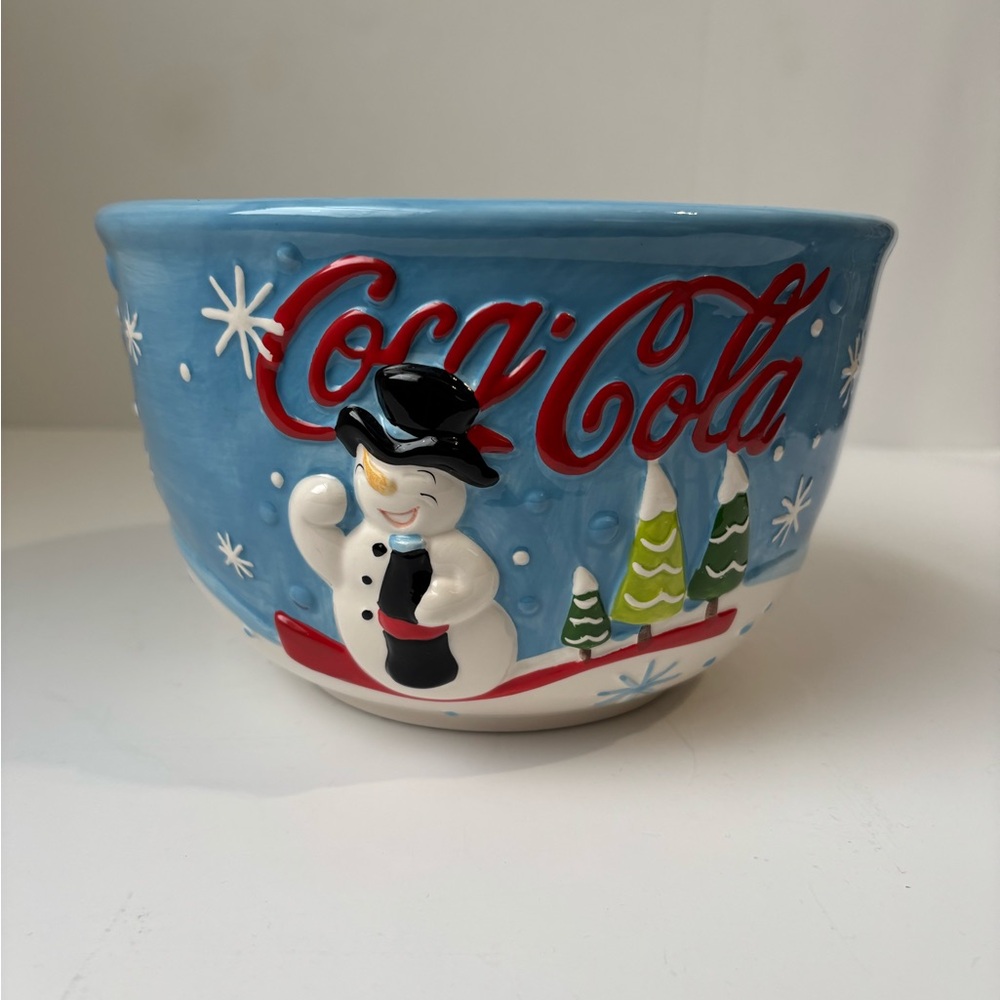 Coca Cola Glazed Holiday Bowl with Snowman Design Ceramic 8” Popcorn Bowl